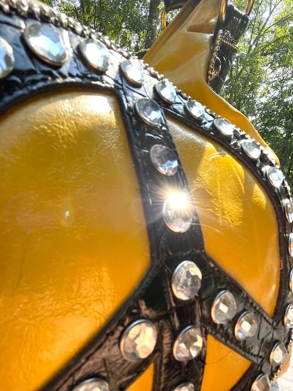 Y2K Boho Yellow Peace Sign Rhinestone Hobo Bag Festival Statement Purse